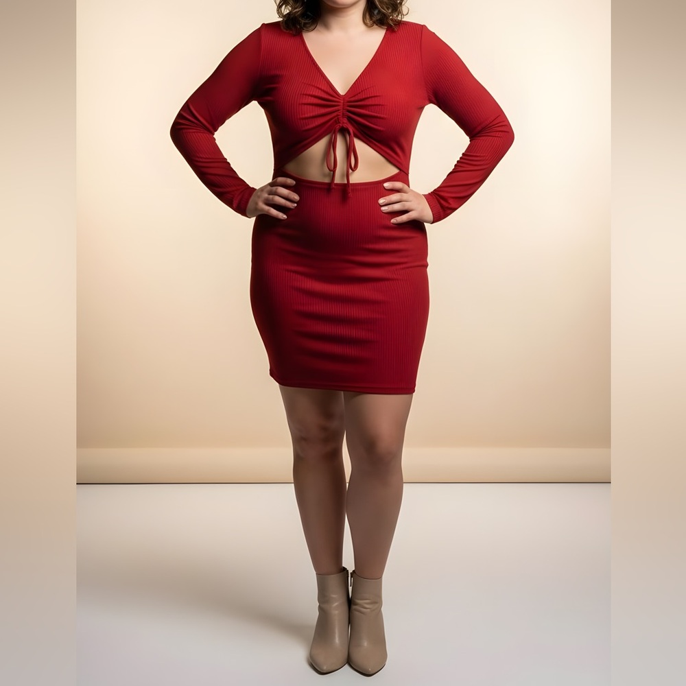 BCBG Paris Red Cut-Out Waist Drawstring Bodice Bodycon Dress -- XL
